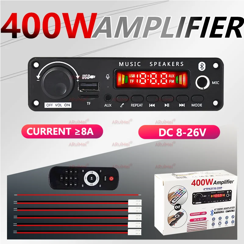 400W DIY Home Digital Amplifier MP3 Decoder Board 26V 8A Audio Bluetooth 5.1 FM For Car Music Subwoofer Speakers Volume Control