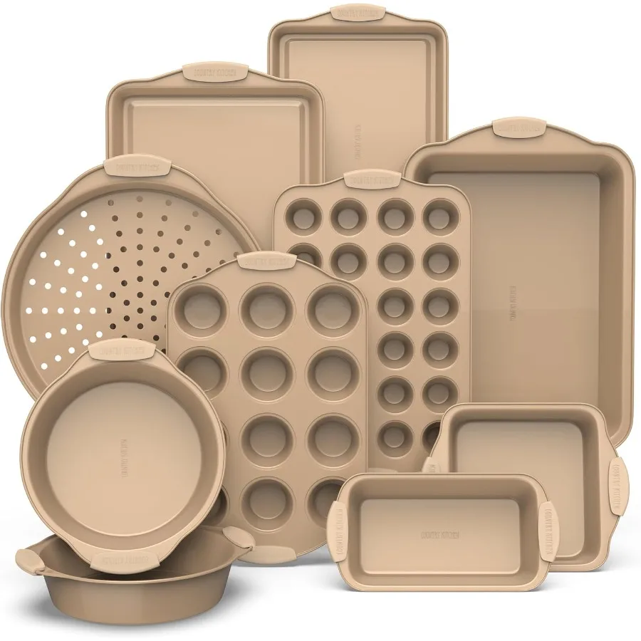 

Country Kitchen Nonstick Stackable Bakeware Set Heavy Duty Durable Easy Release Baking Set Gold 10 Pcs