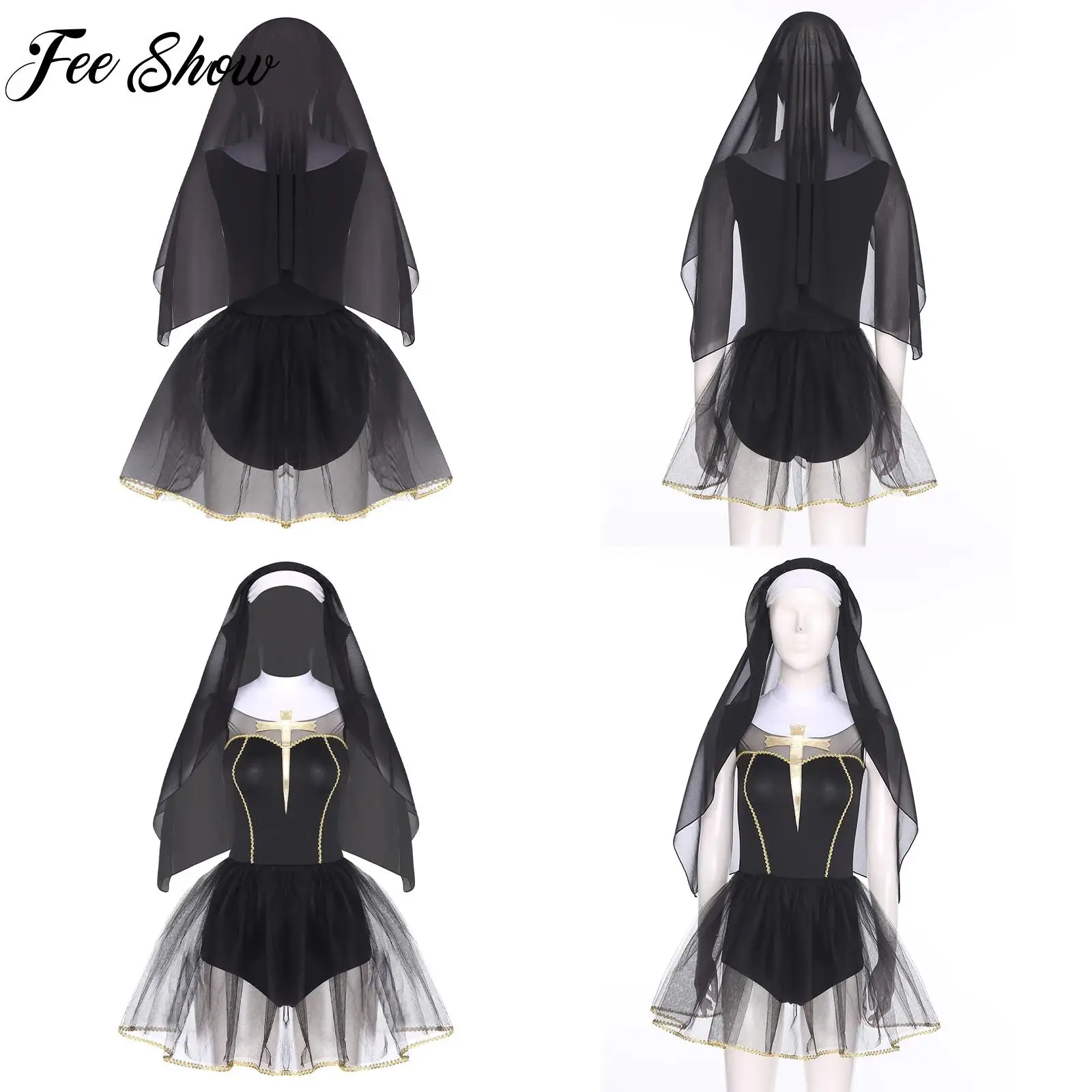 

Elegant Women Halloween Nun Cosplay Costume 2-layer Tulle Hem Built-in Briefs Dress+Wimple Hood for Sister Clergy Dress-up Party