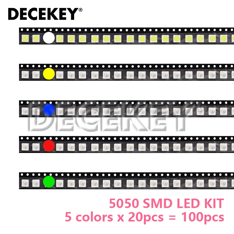 100pcs 5colors Each 20pcs 5730 5050 3528 1210 1206 0805 0603 0402 SMD LED Diode Kit Red Green Blue White Yellow