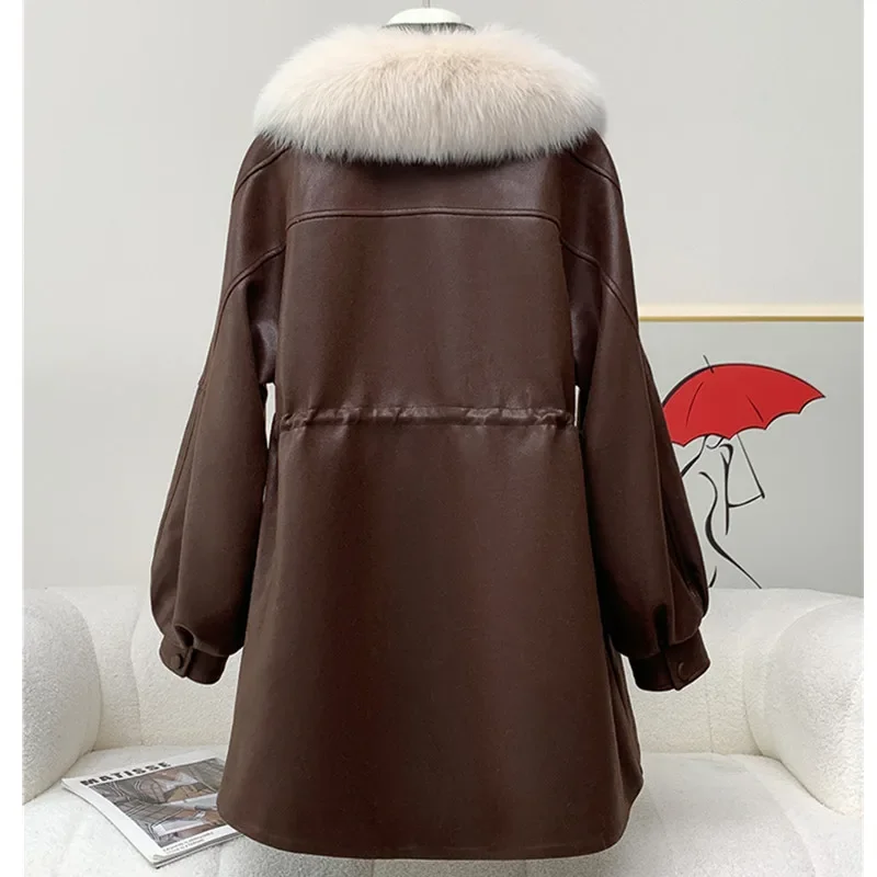 Real gola de pele de raposa ganso para baixo jaqueta 2025 inverno nova versão coreana solto temperamento para baixo casaco à prova de vento jaqueta de couro feminino