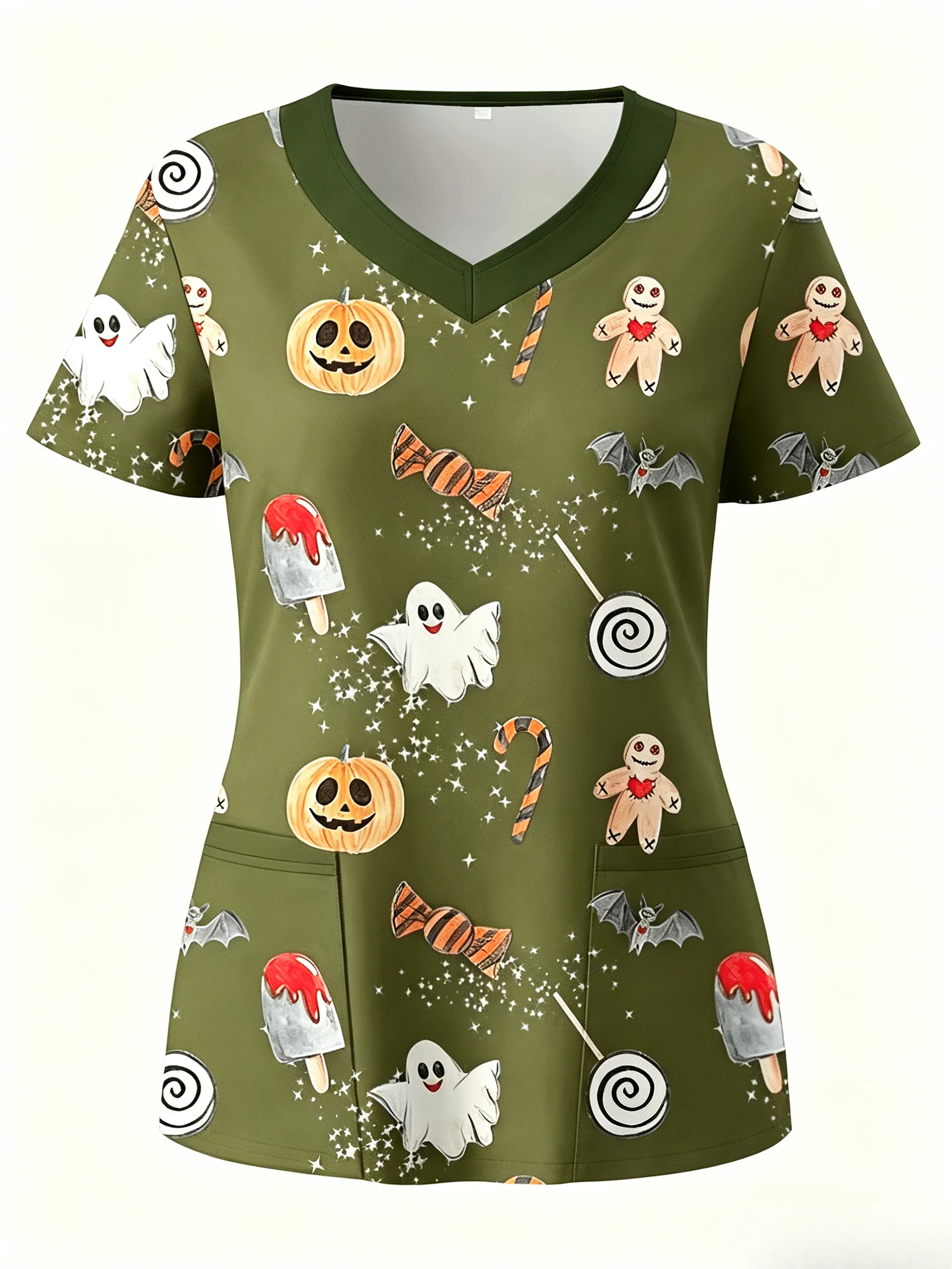 Damen-Scrub-Oberteil mit gruseligem Halloween-Design, Süßigkeiten-Geister-Kürbis-Print, V-Ausschnitt, kurze Ärmel, Taschen, Krankenschwesteruniform für medizinisches Personal – Detail 10