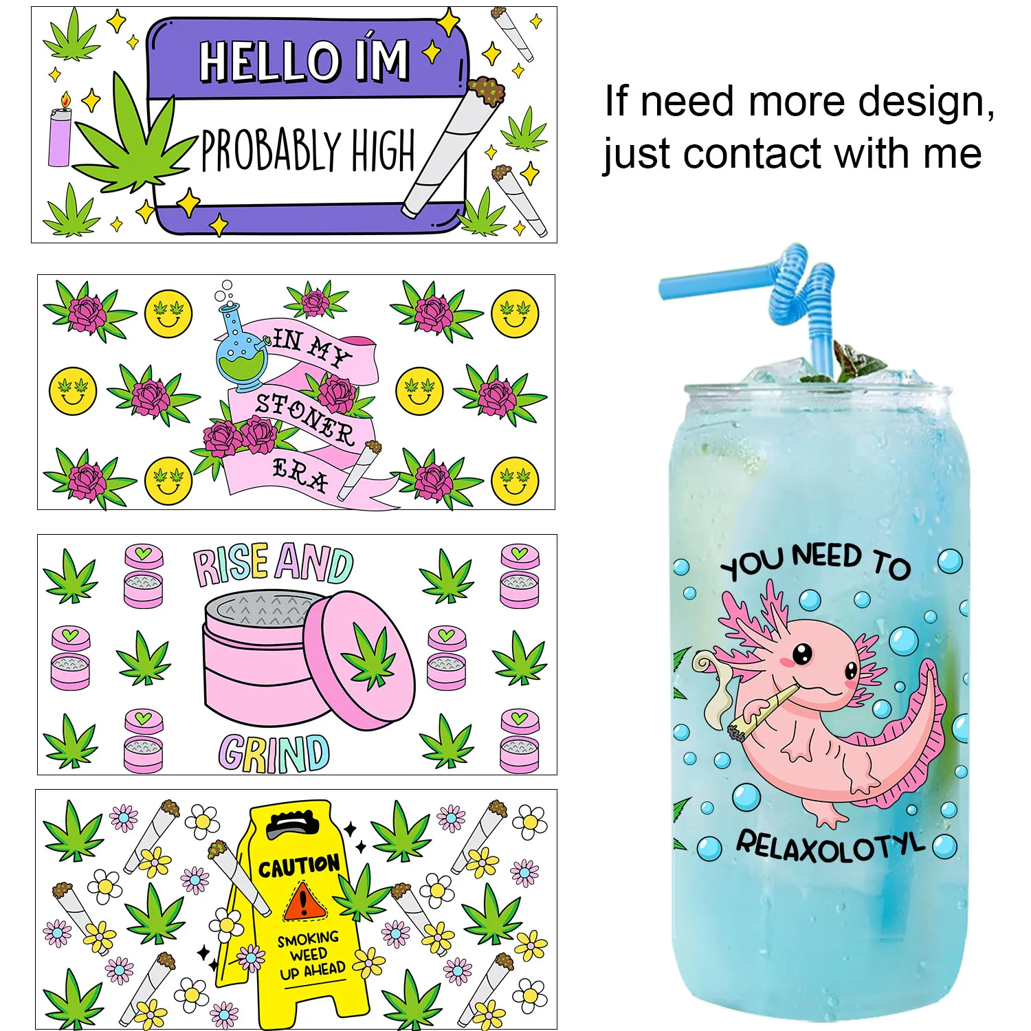 1/5pcs bundle 420 Smoke high UV dtf Sticker Party DIY Decals 3D transfers uvdtf tumbler seal stickers 16oz uv dtf cup wraps