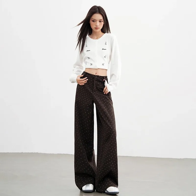 Autumn Winter Floral and Frosted Elegant Wide Leg Pants Women Korean Style High Waist Baggy Pants Office Ladies Loose Trousers