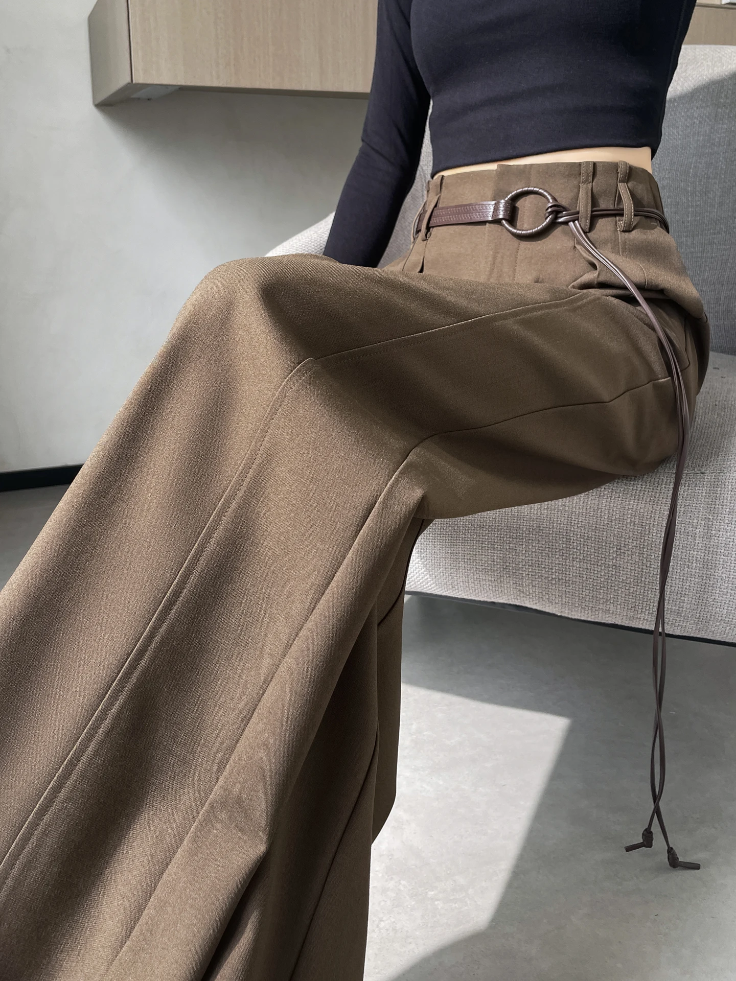 

Cafe Brown Wide Leg Pants Women's Spring Autumn High Waist Loose Casual Trousers Korean Style Polyester Fiber Spandex