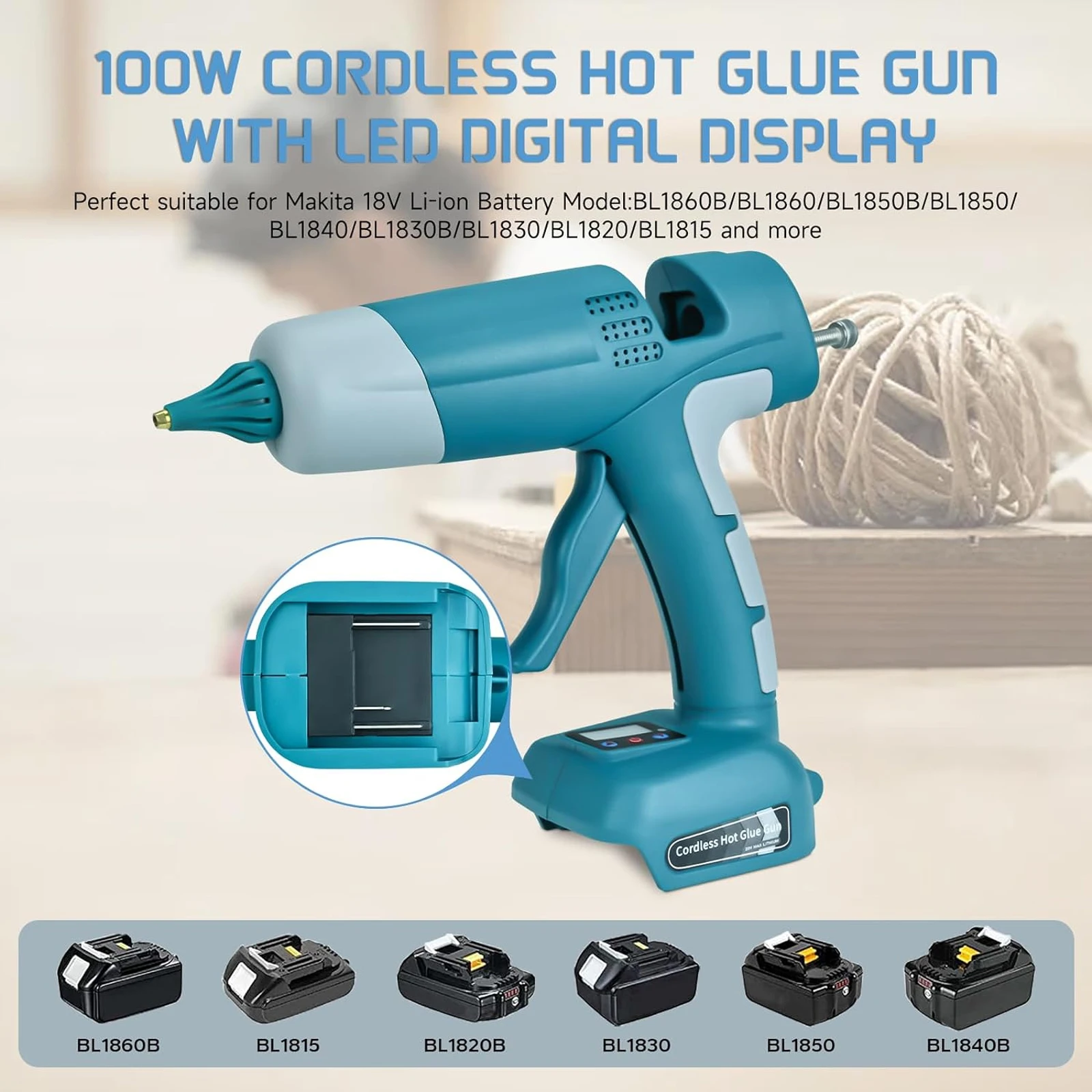 Hot Melt Glue Gun for Ryobi/Milwaukee/Dewalt/Bosch/Makita Li-ion Battery with Temperature Display 10 Adhesive Strips Power Tool