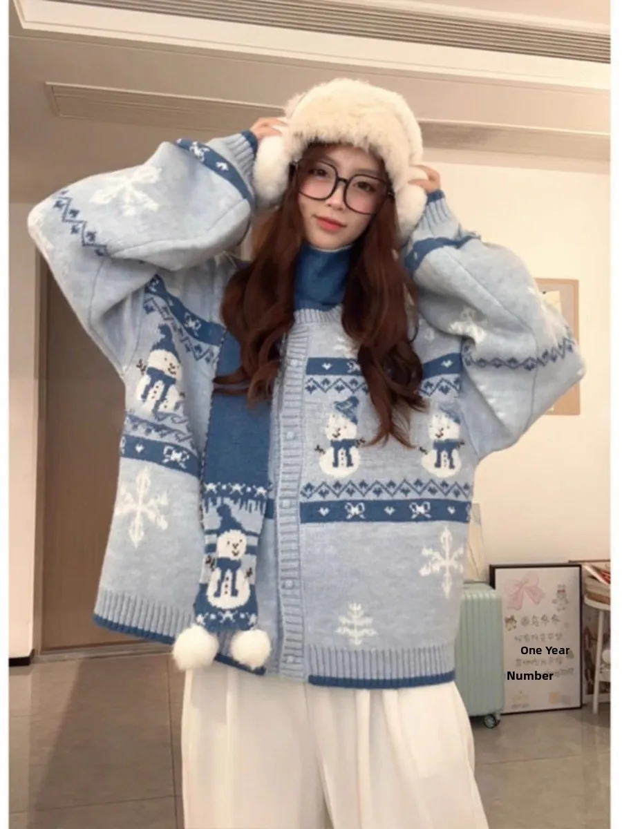 Maglione cardigan aperto lavorato a maglia blu da donna Thiened Lazy Sle Autunno Inverno Nuovo arrivo Fier Island Pupazzo di neve Faion Capispalla