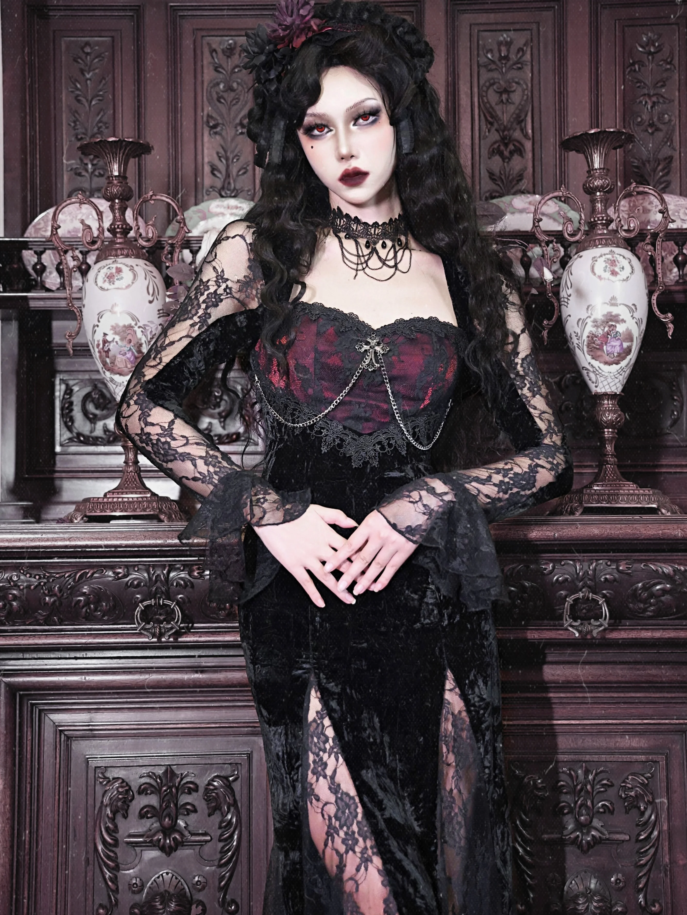 Blood Supply Original Gothic Black Velvet Dress Lace Full Sleeve Square Collar Mesh Red Halloween Slim Velvet Trumpet Dresses