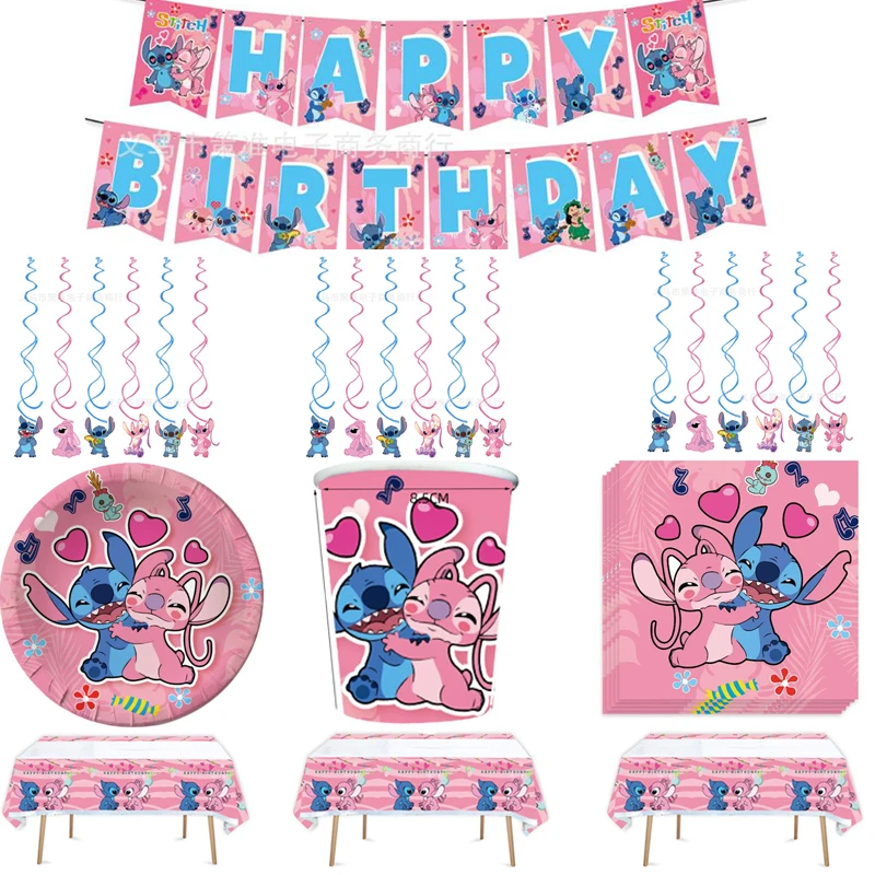 Disney Stitch Napkins Birthday Party  Plates Cups Tablecloth Decorate Kids Boys Favors Hanging Banner Ceiling Swirls 68pcs/lot