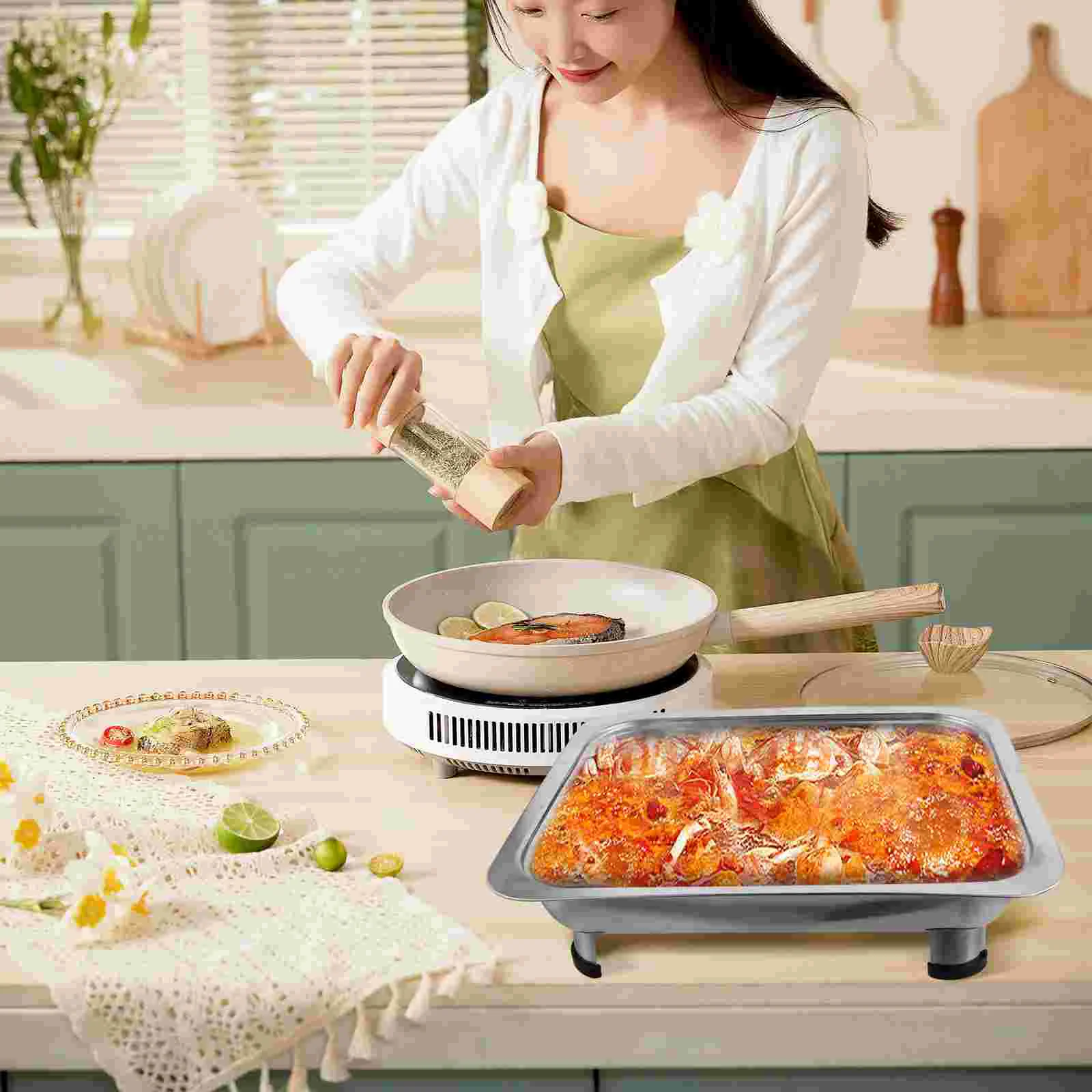 Stainless Steel Dinner Plate Entertaining Buffet Dishes Roasting Pan with Lid Serving Tray Rectangular Baking