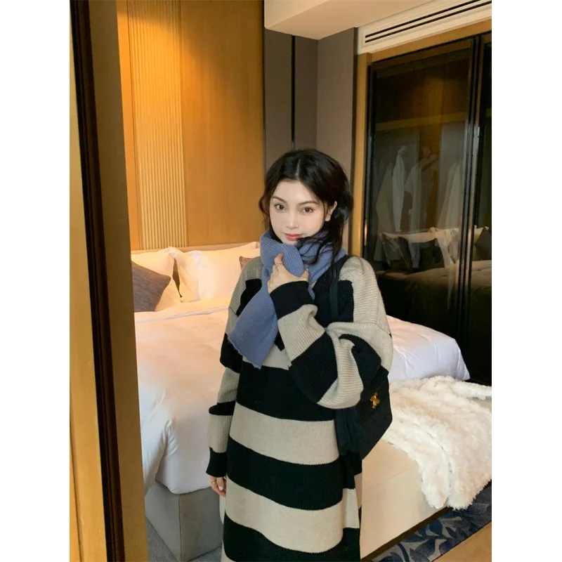 Real Shot of Korean Version Retro Casual Lazy Feeling Loose V-neck Pullover with Contrasting Wide Stripes Long Sweater Dress