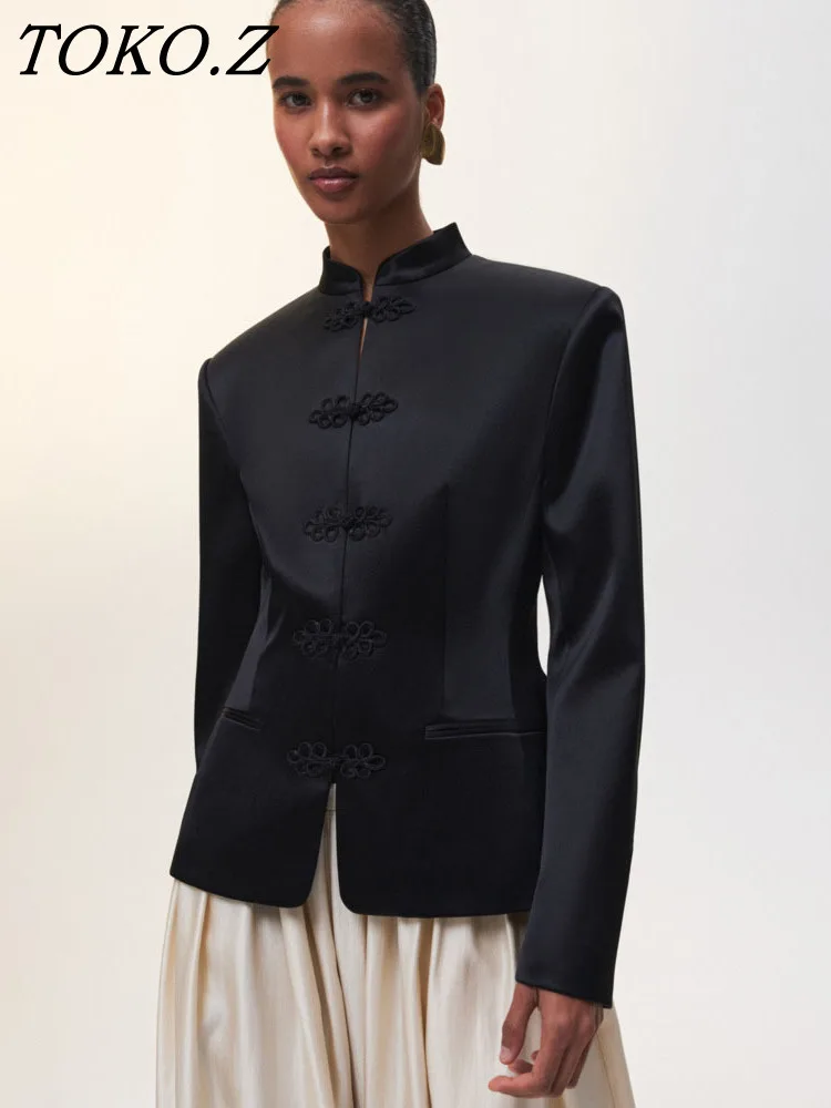 

TOKO Women's Spring Summer Mandarin Collar Frog Button Cropped Chinese Style Blazer Casual 2026 Trendy Feminine Fashion Coat