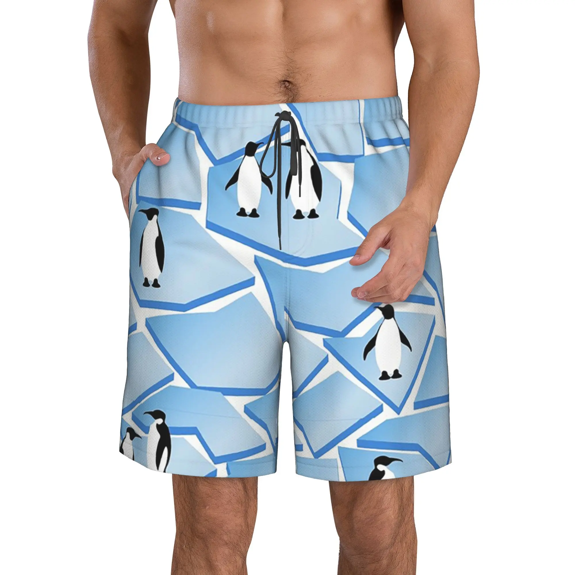 Polar Penguin Ice Surface Penguin Pattern Trunks Beach Board Shorts Casual Quick Dry Swim Summer Men Pants