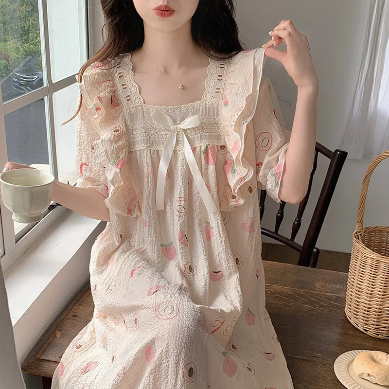 

Women's Summer Strawberry Pattern Cute Nightgown Polyester Cotton Square Neck Bow Bubble Sleeves Pajamas French Style Nightdress