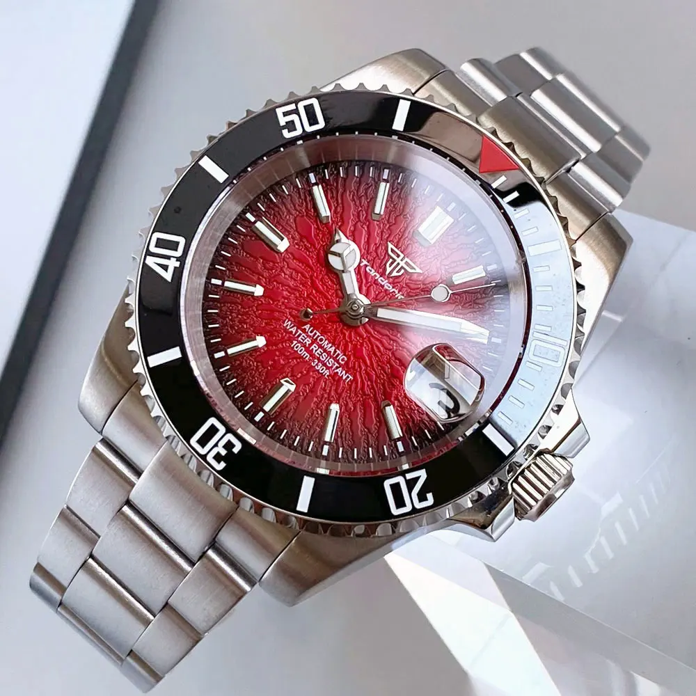 

Tandorio NH35 Механические автоматические часы мужские 40 мм красный/фиолетовый многоцветный циферблат с текстурой 200 м водонепроницаемый стальной браслет с шелковой застежкой