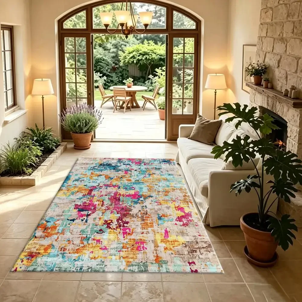 Bright Abstract Brushstroke Carpet Flooring, Bohemian Distressed Art Print Square Floor Rug