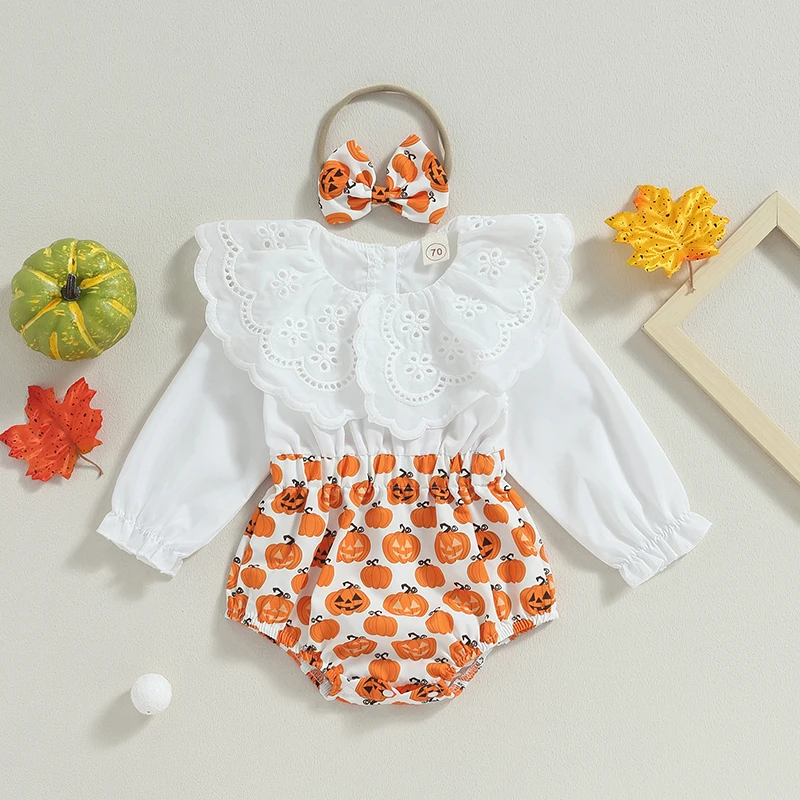 

Newborn Girl Outfit, Long Sleeve Doll Collar Pumpkin Print Patchwork Romper with Hairband Halloween Clothes