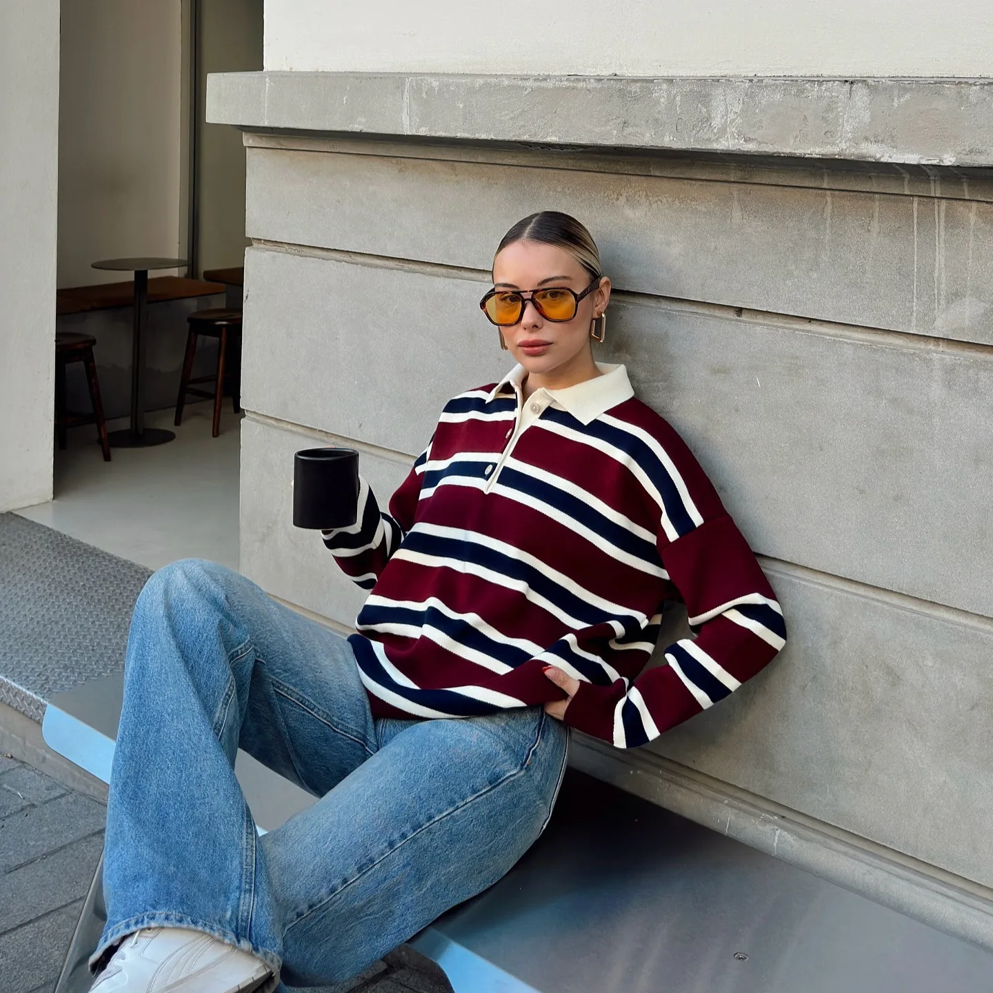 

American Striped Contrasting Long Sleeved T-Shirt Women, And Lazy Polo Shirt, Versatile Pullover Top With Loose Shoulders For