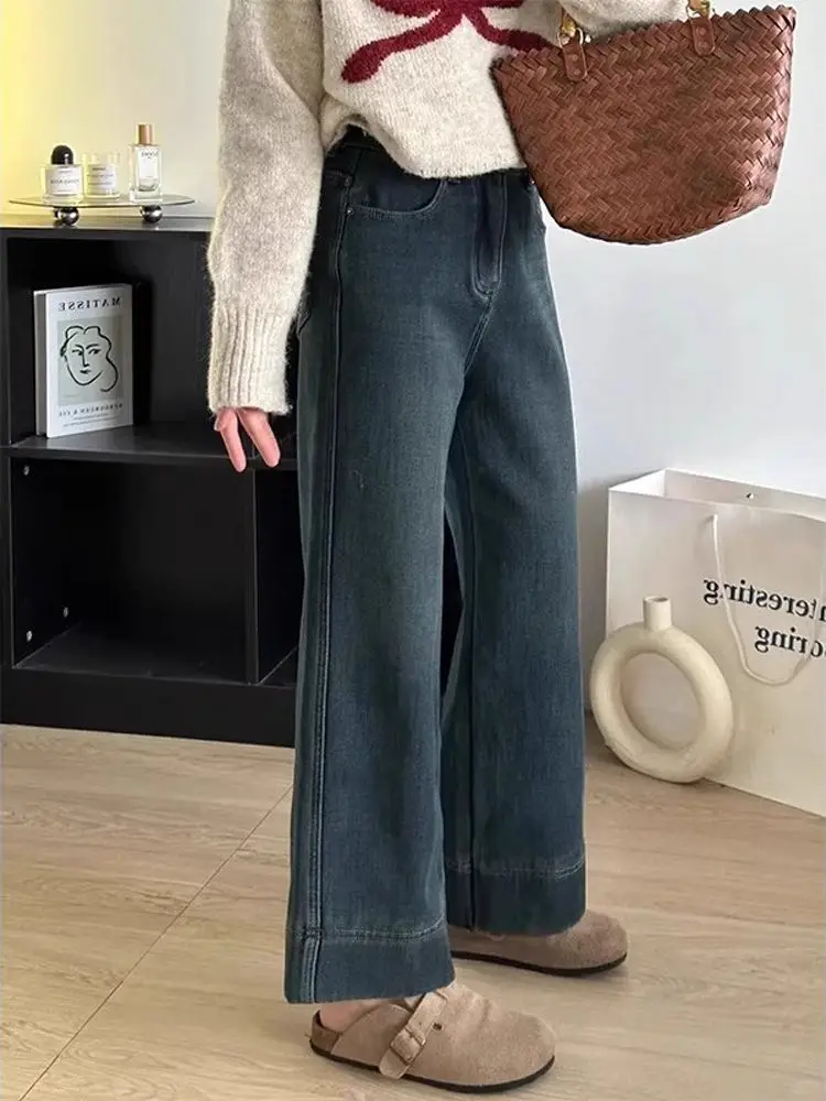 

Retro Blue Straight Leg Jeans Women's plus Size Spring High Waist Loose Slimming Wide Leg Long Trousers Comfortable Fit