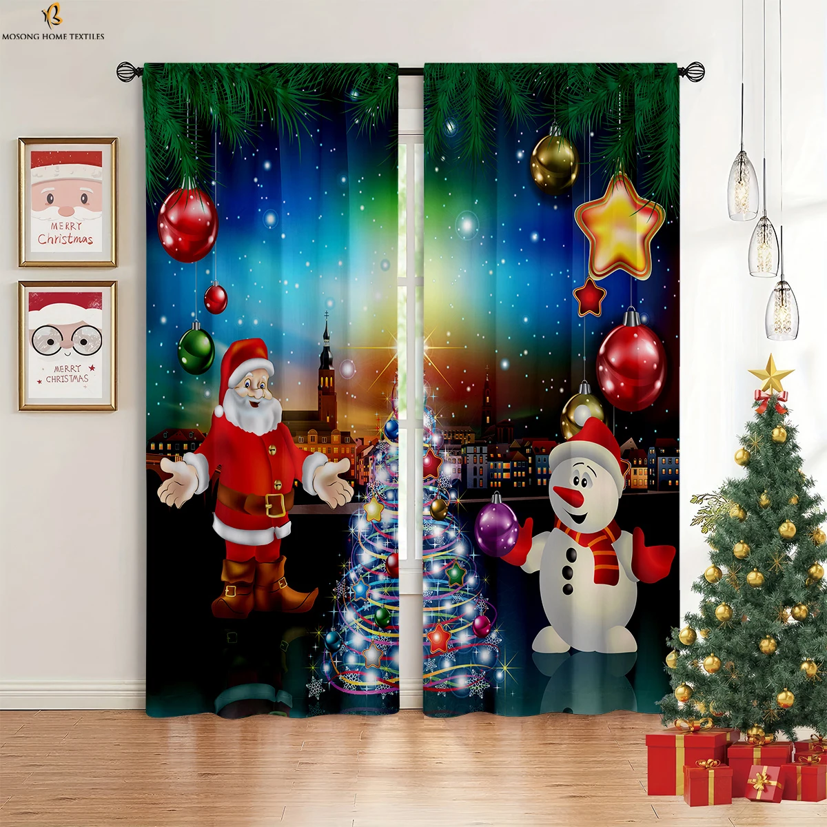 

2 Pieces Christmas Decorative Curtain Rod Pocket Four Seasons Curtains Restaurant Holiday Party Decorative Curtains