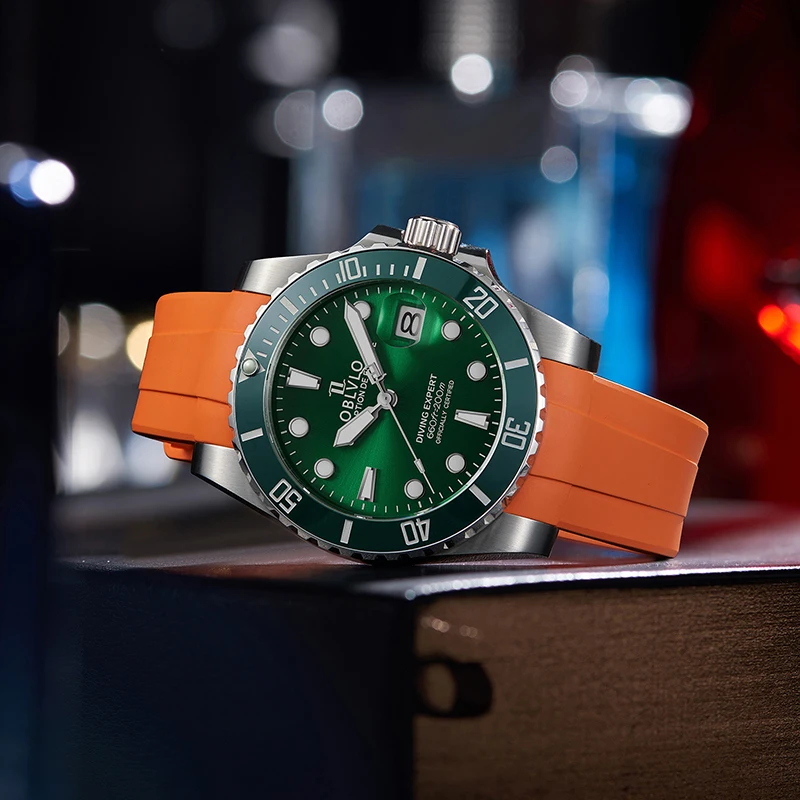 

OBLVLO Men's Green Dial Orange Rubber Mechanical Watch Super Luminous Diving Automatic Sport Watch Reloj de hombre DM