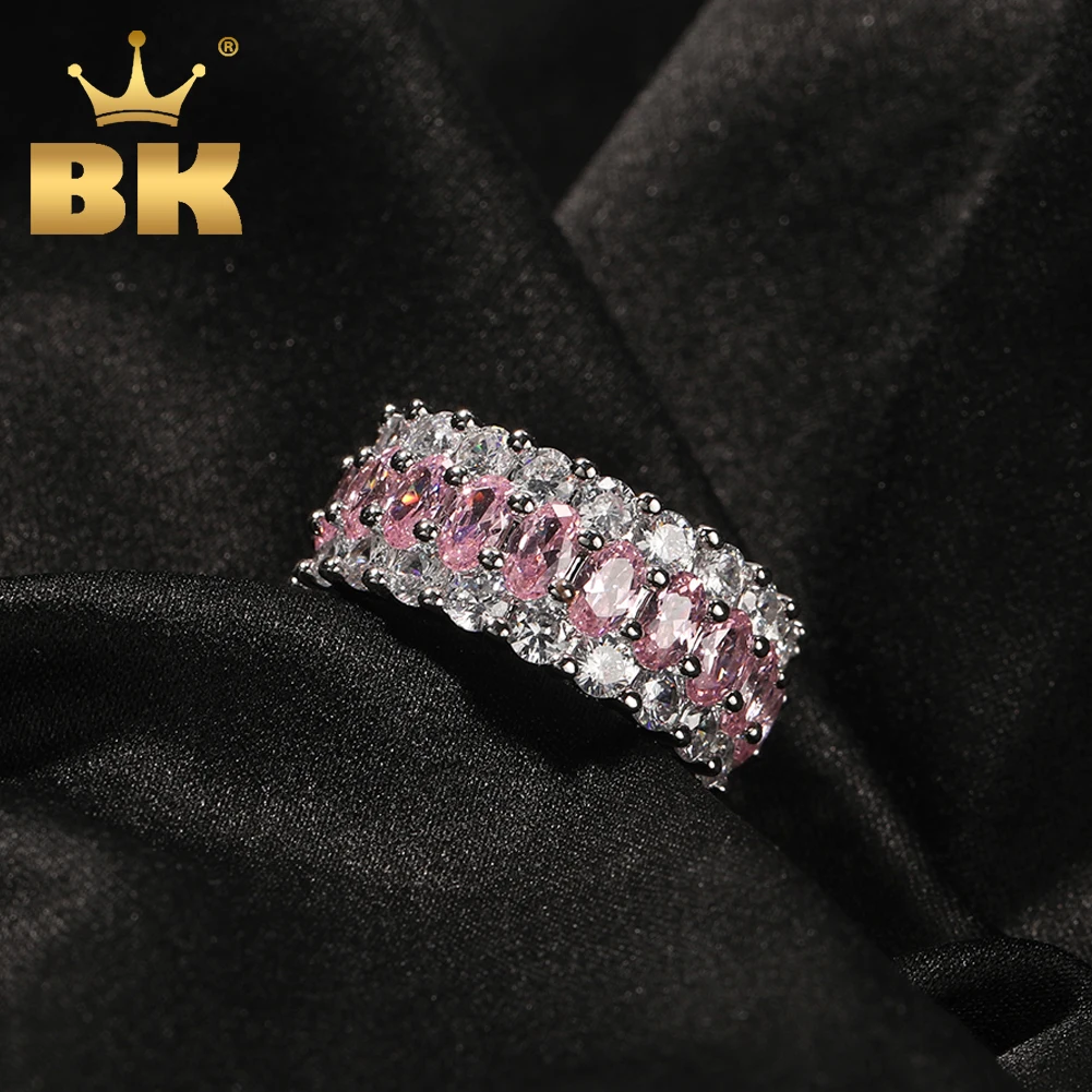 

TBTK 9.5mm Pink Oval CZ Ring Iced Out Clear Round Cubic Zirconia Rings Charm Luxury Jewelry Engagement Gift For Women Girl