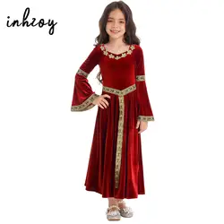 Girls Medieval Princess Costume Gothic Vintage Renaissance Dress Velvet Long Flare Sleeve Gown Halloween Carnival Party Dress Up