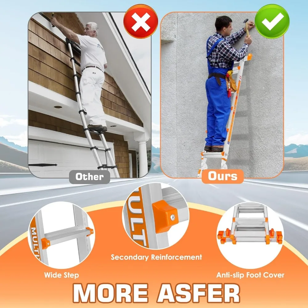 Ladder, A Frame 6 Step Ladder, 20FT Extension Ladder with Stabilizer Bar & Wheels,330 lbs Security Load Multi Position Ladder