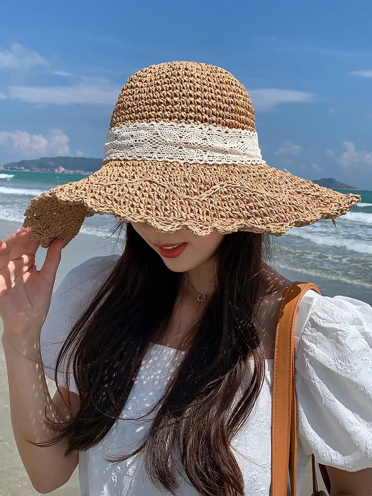 2022 Women\'s Summer Bucket Folding Lace Bow Straw Hat Panamas UV Protection Sun Visor COOL Seaside Beach Hat Tide Summer Hats