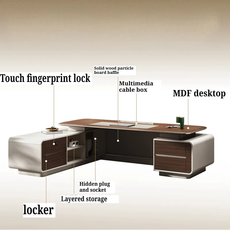 Luxury Executive Desk L Shape Large CEO Boss Office Table Set Modern Light Luxury Wood Workstation With Side Cabinet Bookcase