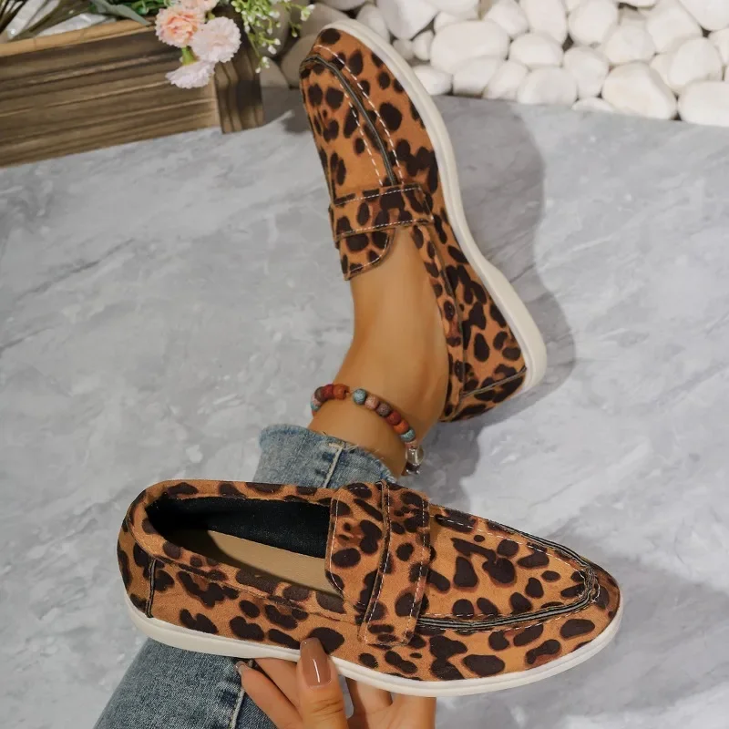 Zapatos planos de punta redonda con estampado de leopardo para mujer, calzado informal con suela de Solft de colores mixtos, gran oferta, Otoño, 2024