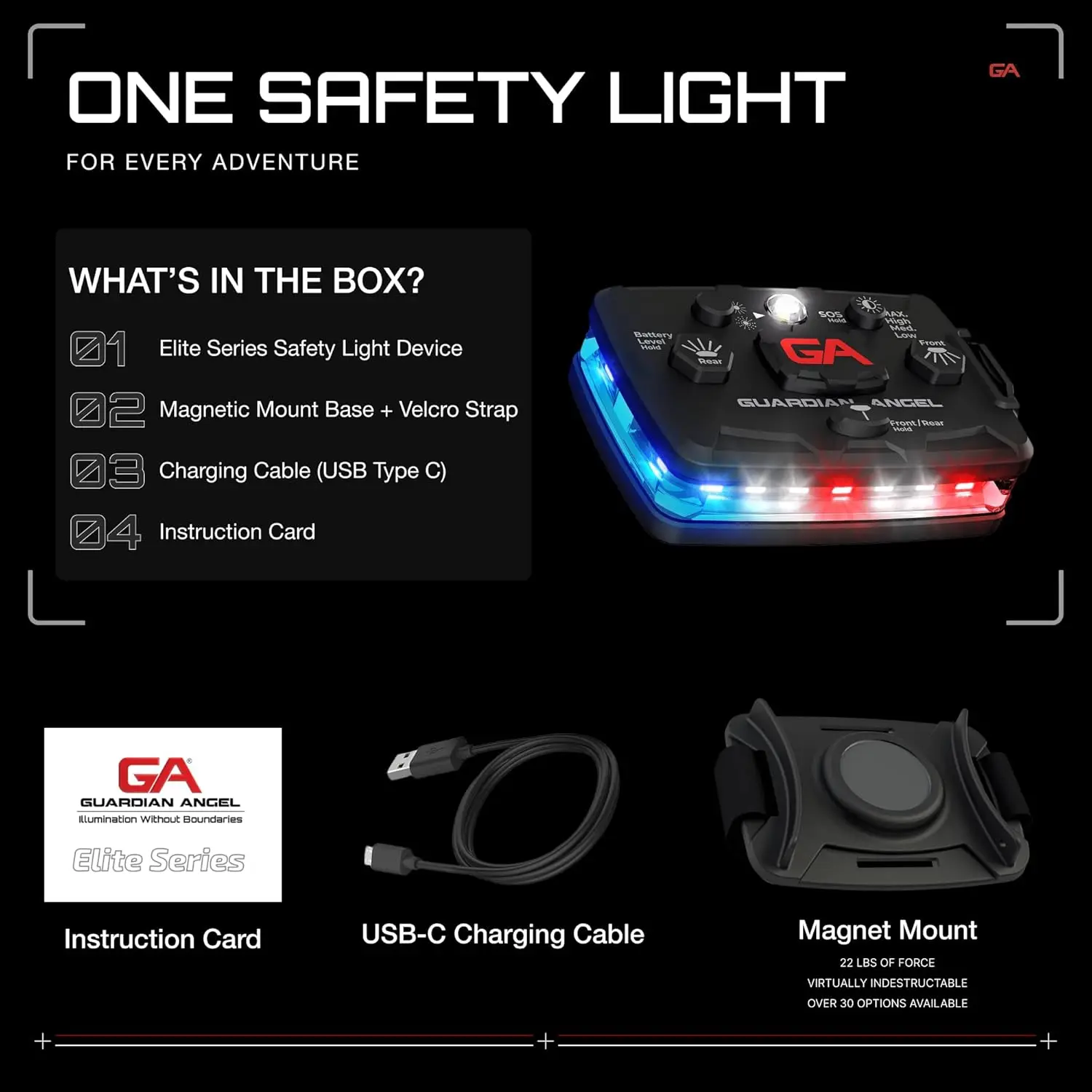 Rechargeable Magnetic LED Safety Light for Police Firefighters First Responders - Red Blue White Front Rear Lights