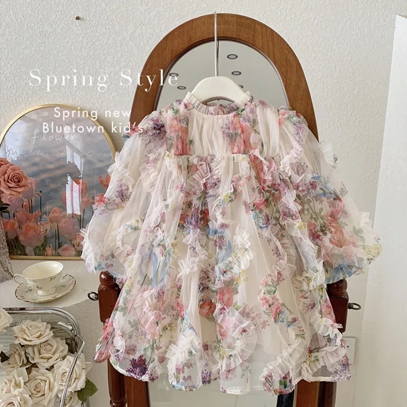 New Spring Autumn Dress O-neck Long Puff Sleeves Mesh Loose Floral Appliques Princess Dresses Children  Casual Dresses H3100