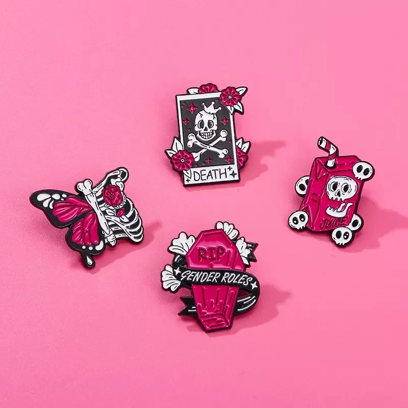 HeYe الأوروبية والأمريكية عيد الهالوين الوردي الجمجمة سلسلة شارة، الملابس، قبعة، حقيبة الظهر، وحقيبة، ومجموعة هدايا بروش - 4 قطع #6