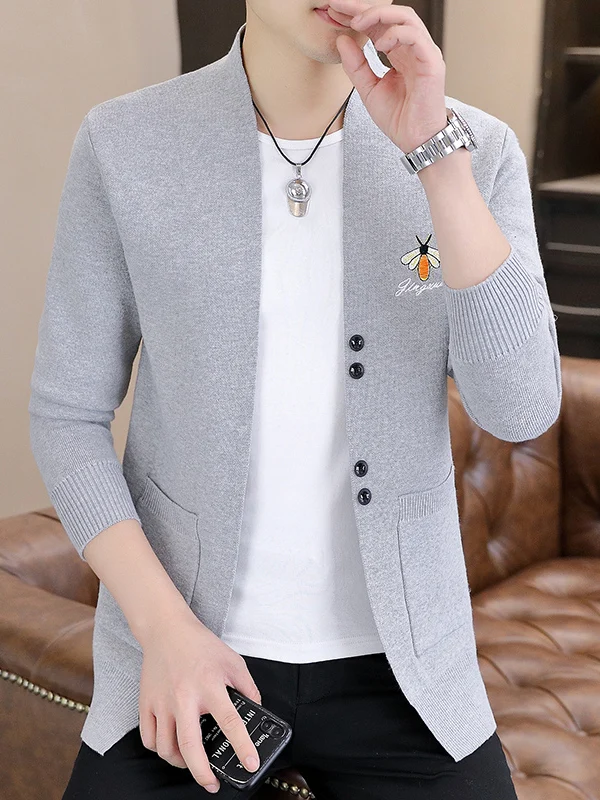 

Men's Knitted Cardigan Sweater Spring Autumn Casual Sle Bee Embroidery Long Sve Button up Coat for Younger Men
