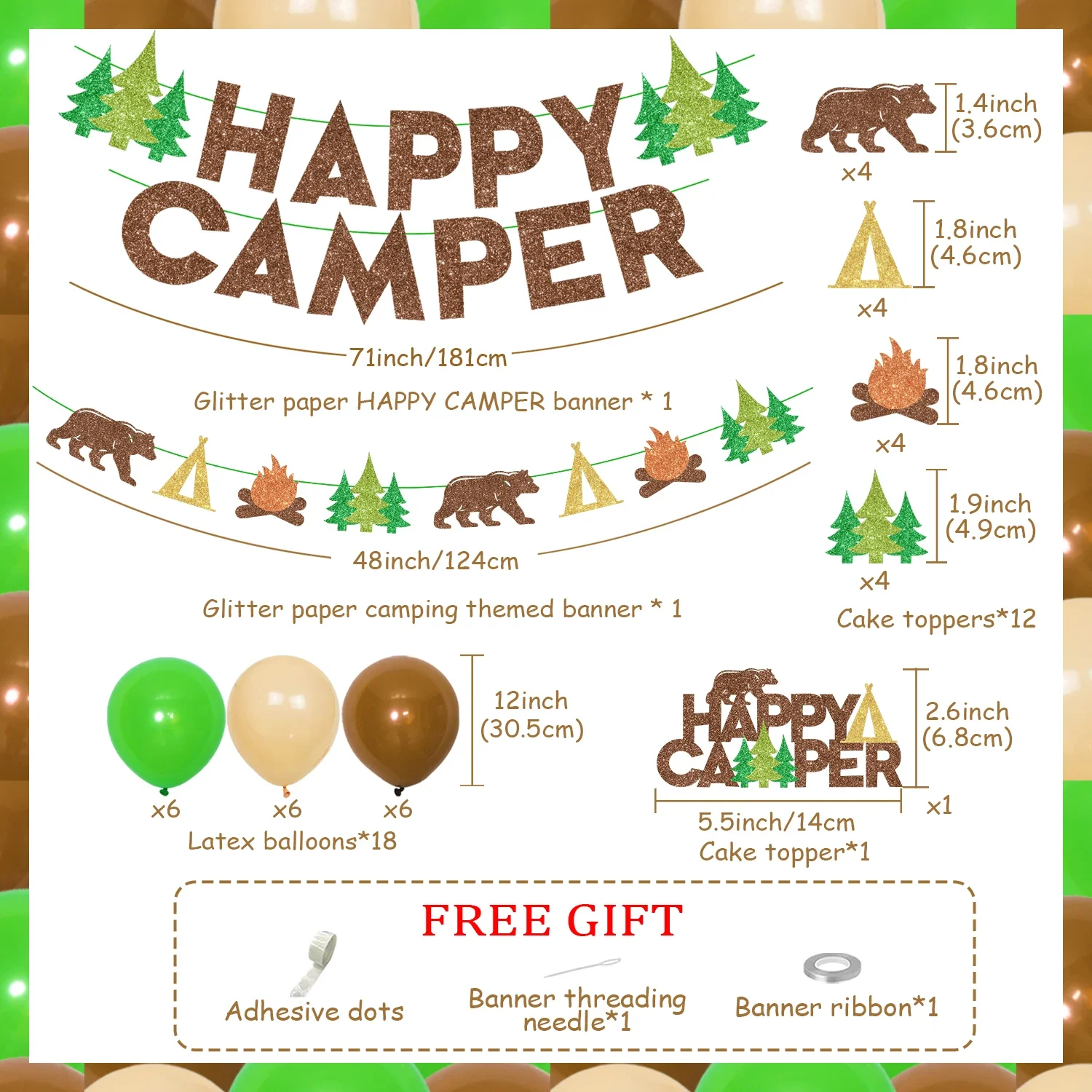 Happy Camper Banner Cake Topper, Camping Party Decorations, Birthday Decorations for Boys, Green, Brown, Apricot, Balloons