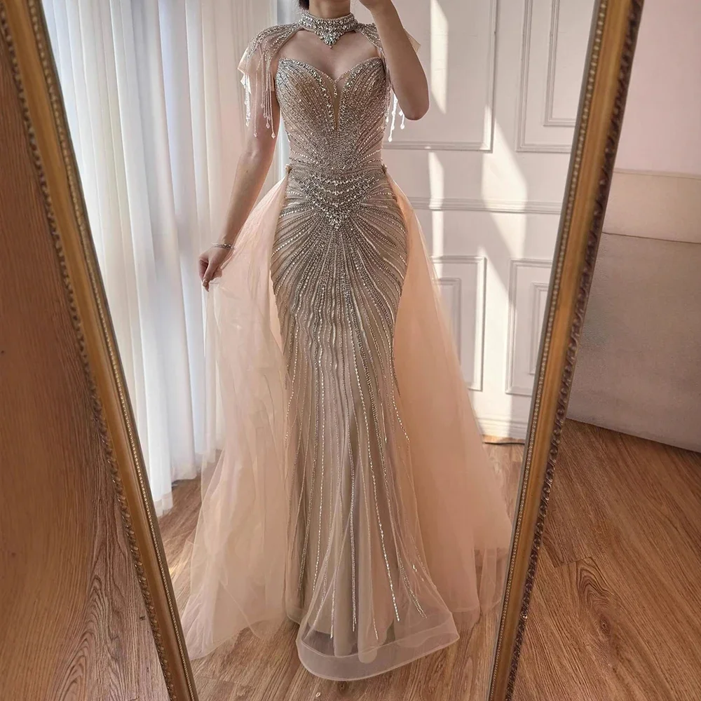 Customized Luxury Full of Beads Mermaid Prom Dresses Exquisite Evening Dresses with Removable Overskirt Beaded Tassel Gowns image 4