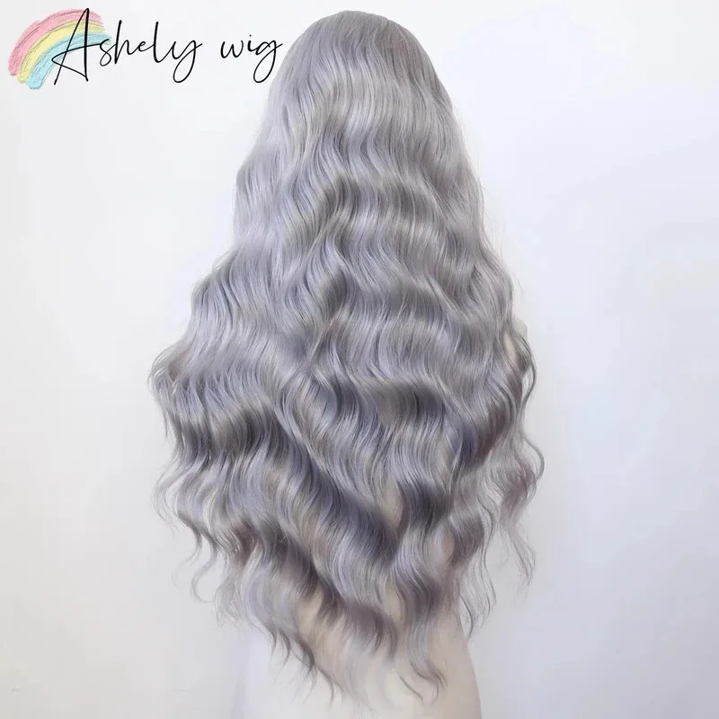 Ashely شعر مستعار رمادي للبيع التخليص 26 بوصة 13*4 الاصطناعية الفضة الدانتيل الباروكة شعر مموج طويل المظهر الطبيعي امرأة الباروكات تأثيري