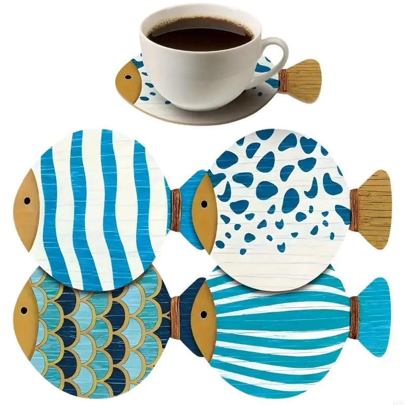 4 Wooden Coasters Fish Themed Design Slip Bottom For Coffee Cups Glasses Home Dining Q5WC