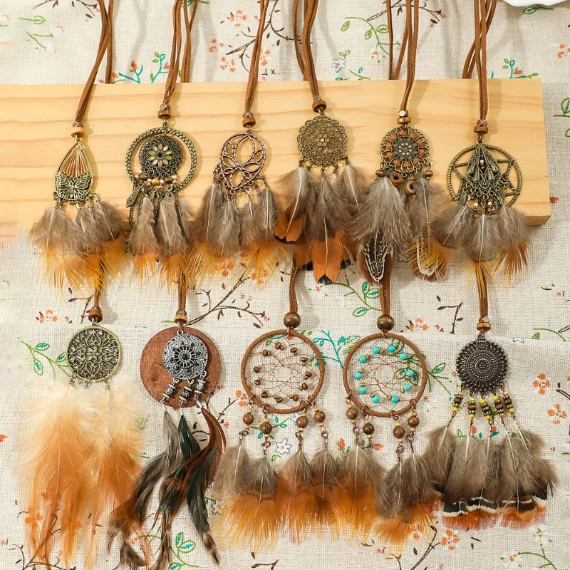 Classic Geometry Pendant Necklaces Sweater Chain Dreamcatcher Handmade Braided Brown Feather Necklace Boho Jewelry for Women