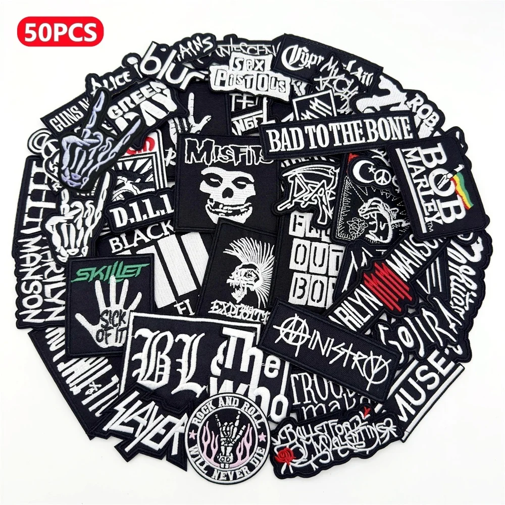 50pcs/Lot Black and White Embroidered Patches for Clothing Iron on Patches Appliques Music Patches Sew on DIY Decoration