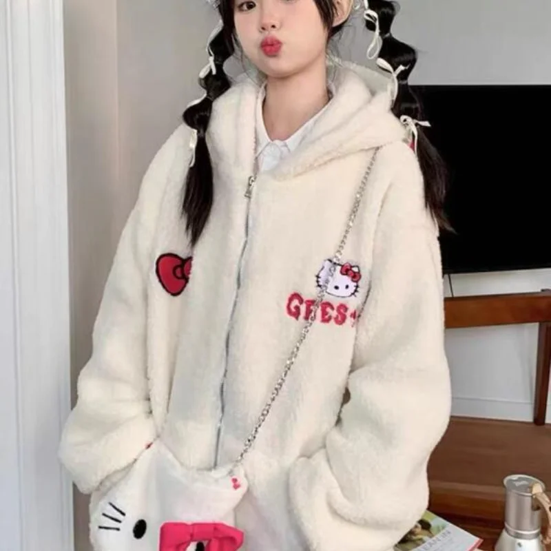 

Популярное плюшевое зимнее толстое пальто Sanrio Hello Kitty Kawaii Anime Sanrio с героями мультфильмов, мягкое удобное милое теплое уличное пальто с капюшоном для девочек