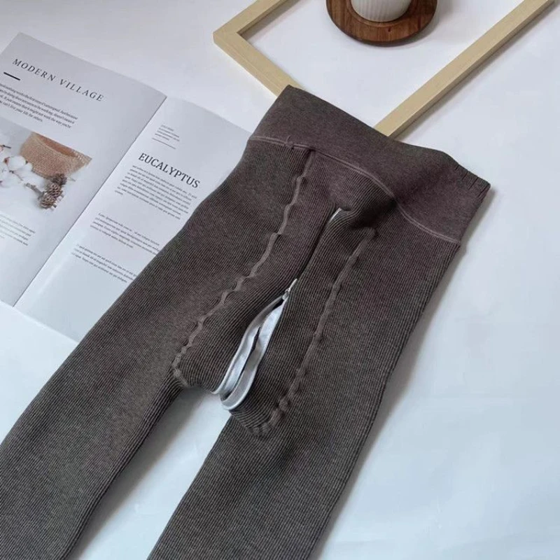 Winter Pure Cotton Fleece-Lined Anti-Hook Double-Headed Zipper Open-Seat Pants Women's Warm Panty-Hose plus High Waist Leggings