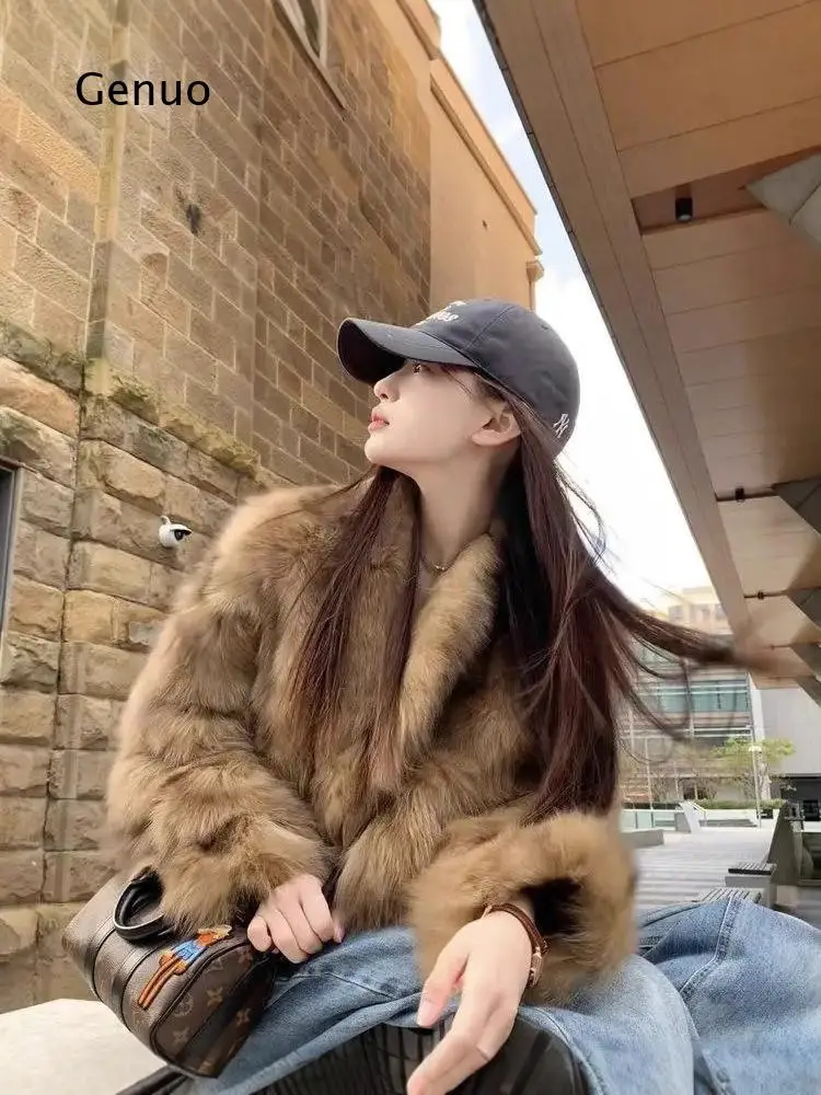Women's Faux Fox Fur Short Coat Winter Warm Fluffy Outerwear Casual Jacket for Daily Streetwear Fashion Trend