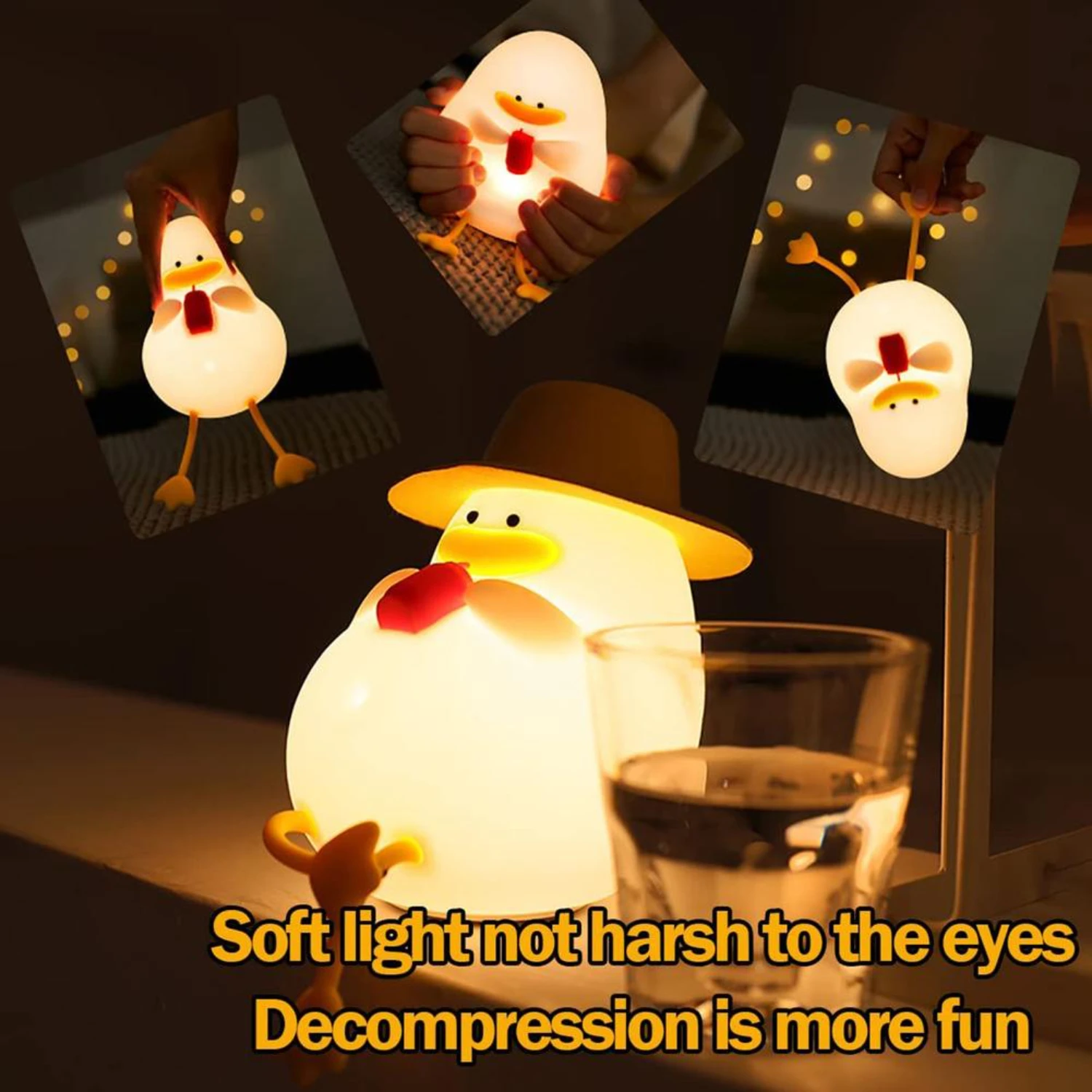 New Adorable Cute Cartoon Duck Theme Animals Silicone Design LED Night Lights - USB Colorful Bedside Lamp with 3 Levels of Dimmi