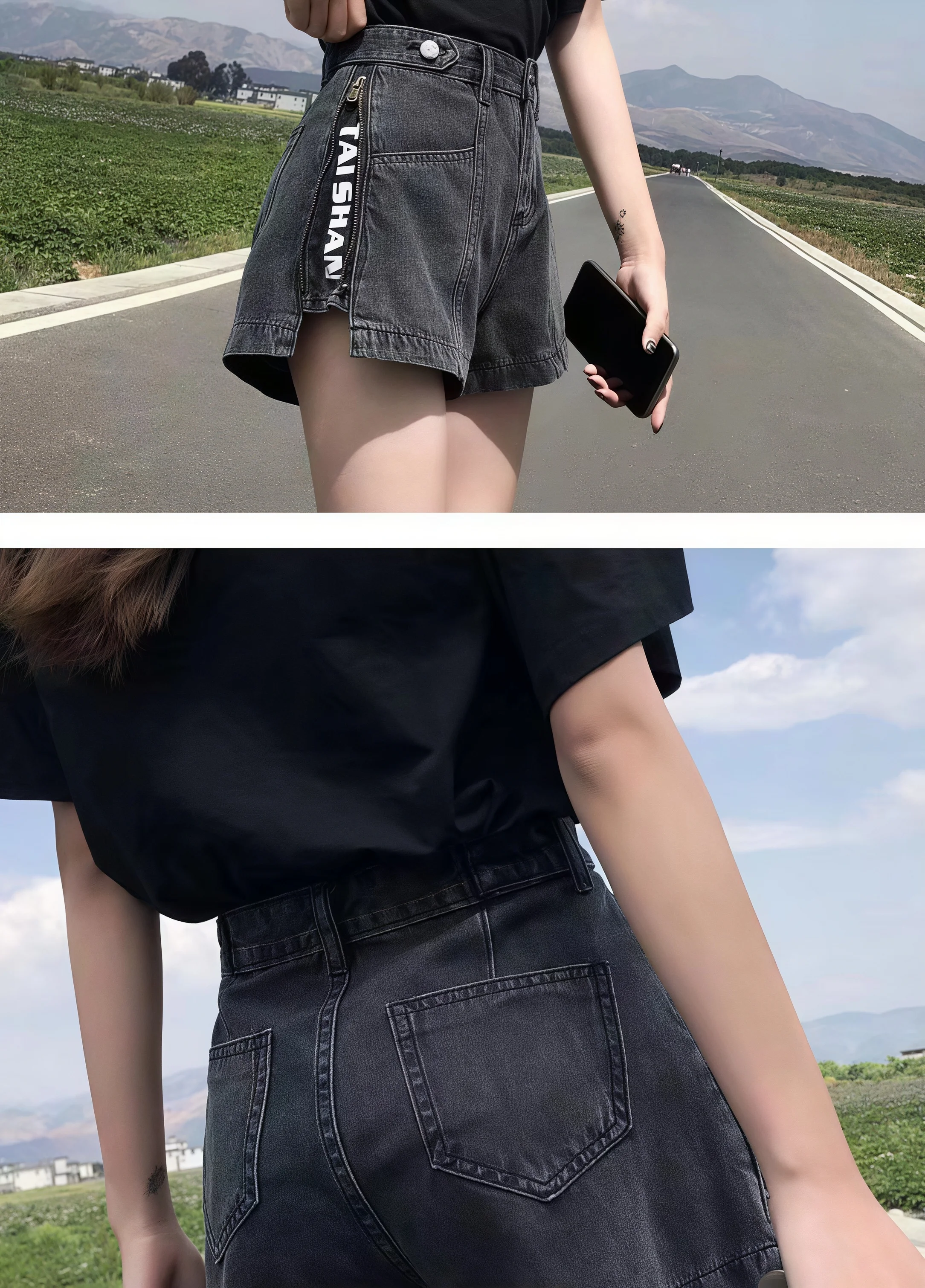 Damen High-Waist Denim-Shorts Sommer Seitenreißverschluss Split-Buchstabendruck A-Linien-Shorts Lose Lässige Anti-Scheuer-Hot-Pants Streetwear – Detail 12