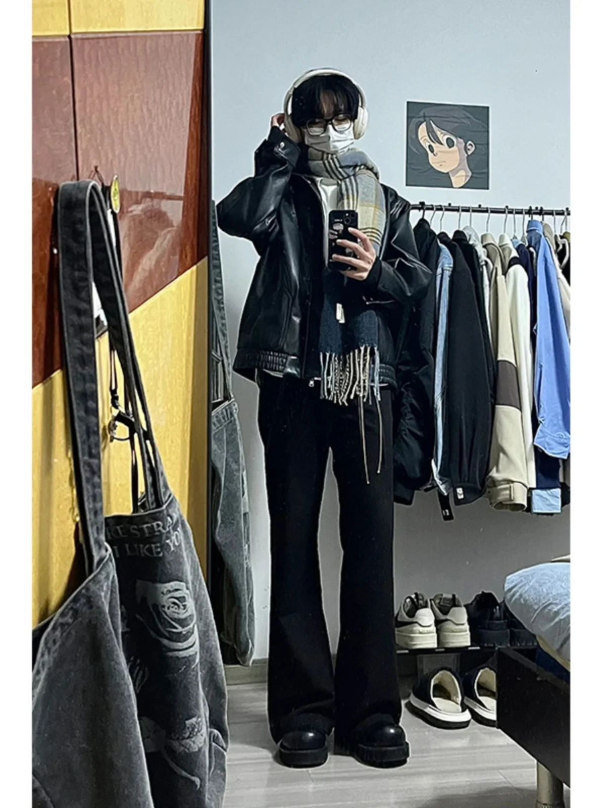 

American High Street Men's Fleece Lined Bell Bottom Jeans Straight Leg Trousers Lengthening Legs Effect for Autumn Winter