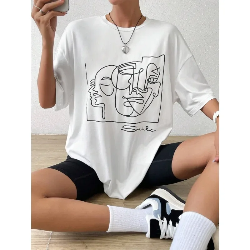 Hirsionsan Abstract Line Print Funny Graphic Loose casual top Summer comfortable men's and women's all-purpose T-shirt