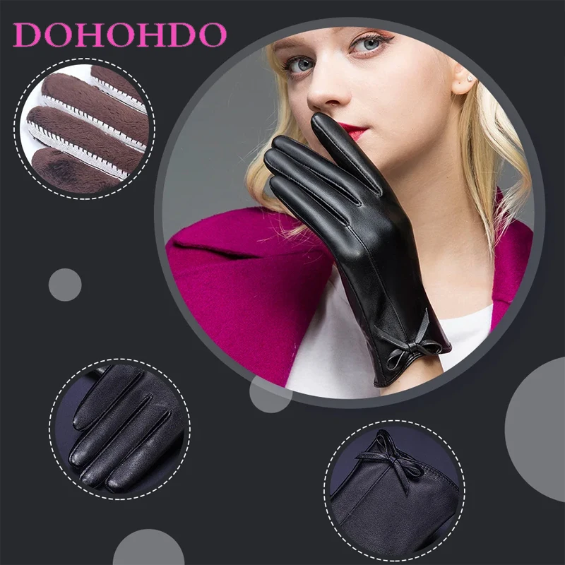 2026 السيدات شاشة تعمل باللمس الأسود بولي Leather الجلود الشتاء زائد المخملية الدافئة الدراجات في الهواء الطلق القيادة لطيف القوس قفازات امرأة قفازات جلدية