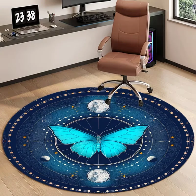 Celestial Blue Butterfly Moon Phase Round Area Rug Mystical Starry Sky Astrology Mat Soft Non-Slip Boho Carpet for Living Room